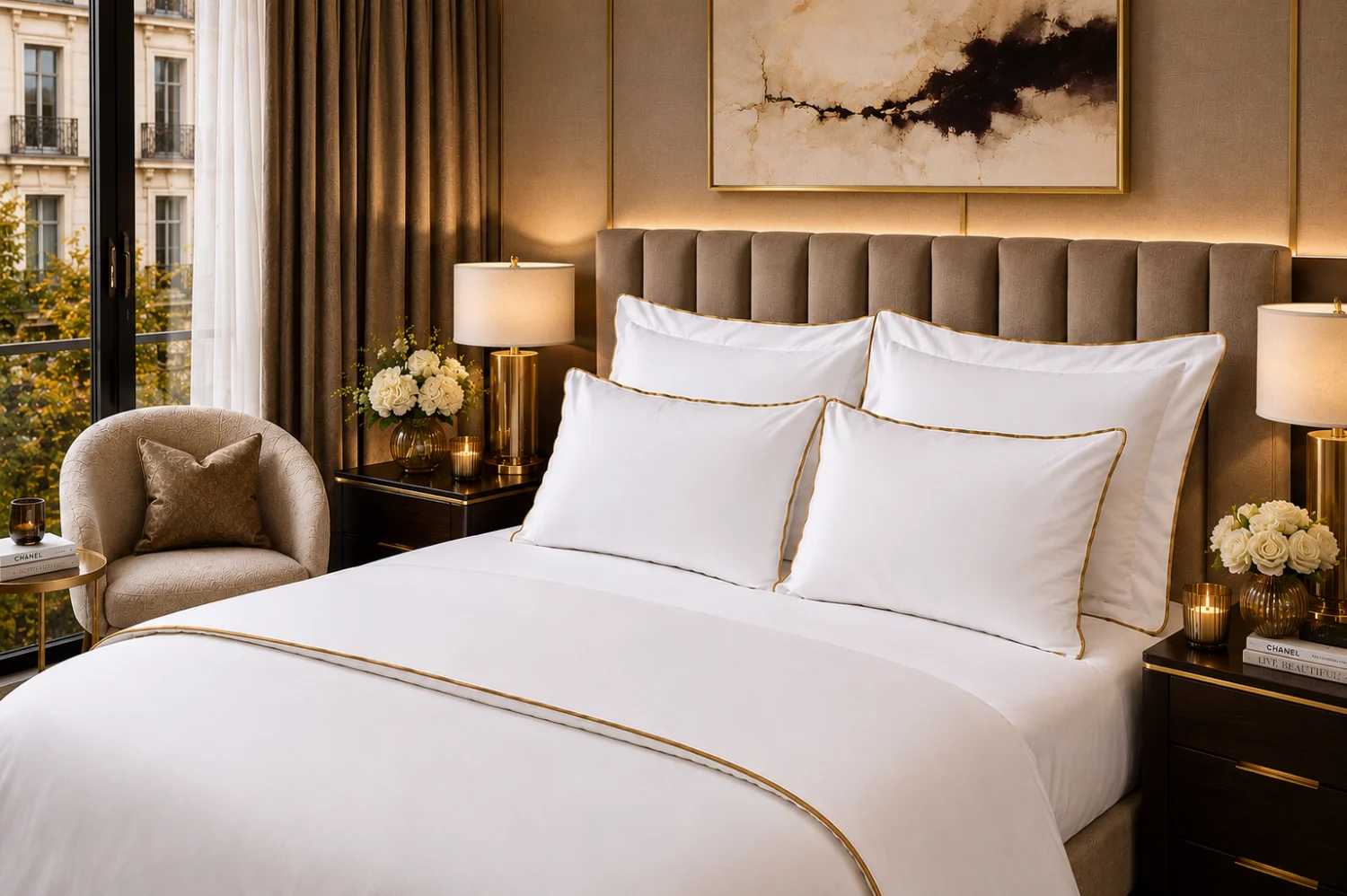 Luxury bespoke white linen bedding with elegant gold piping, styled with matching pillowcases on a contemporary upholstered bed.