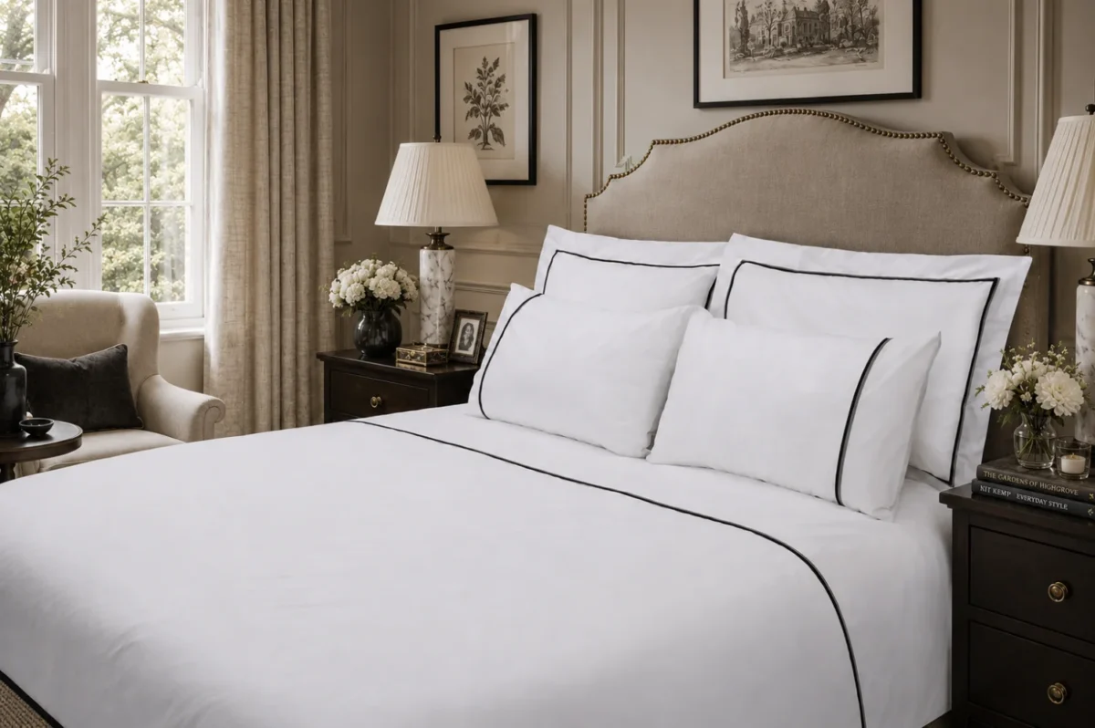 Luxury white bedding with black piped detailing and Oxford pillowcases, creating a bold contemporary hotel-style bedroom look with premium comfort and finish