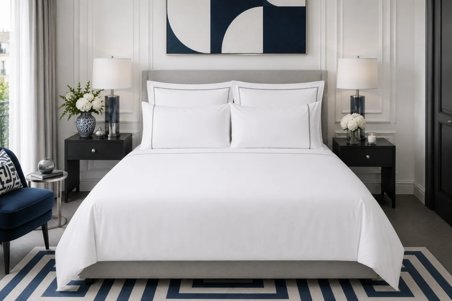Luxury white bedding with silver piped detailing and Oxford pillowcases, styled on a modern designer bed for a sophisticated hotel-inspired bedroom finish