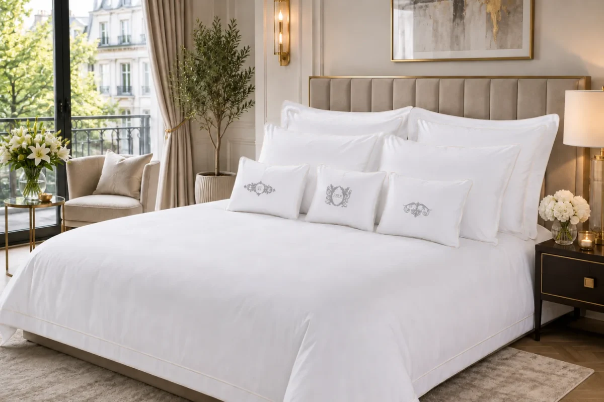 Luxury white bedding with bespoke gold embroidered cushions and piped pillowcases, creating an elegant hotel-style bedroom finish